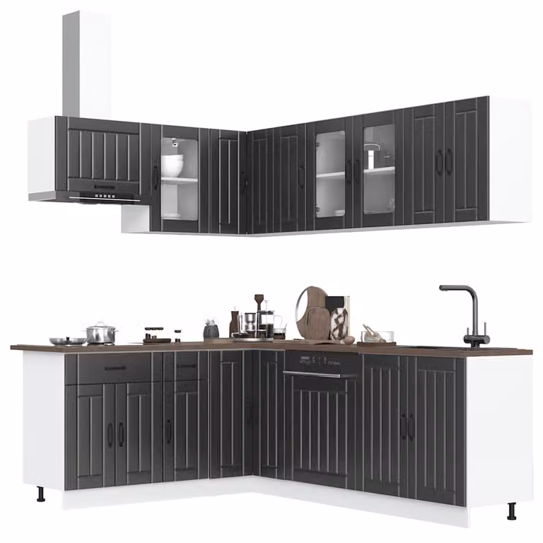 Set di mobili da cucina vidaXL Lucca composto da 11 pezzi in legno multistrato e vetro, colore nero opaco, design moderno con ante a cerniera e scaffali aperti
