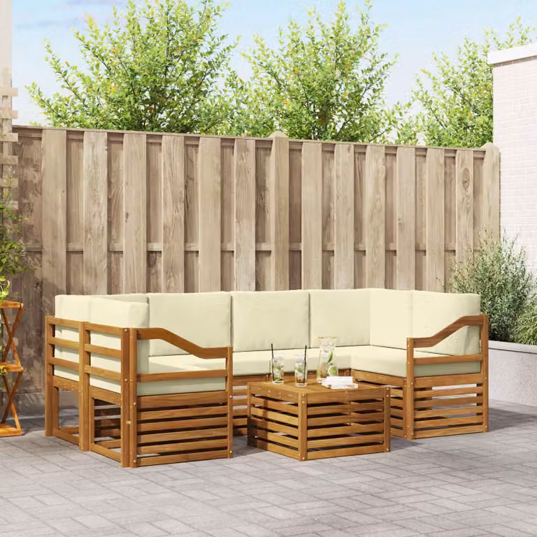 Set di divani da esterno vidaXL a forma di L in legno di acacia con tavolo da caffè, 7 pezzi, Beige e Bianco