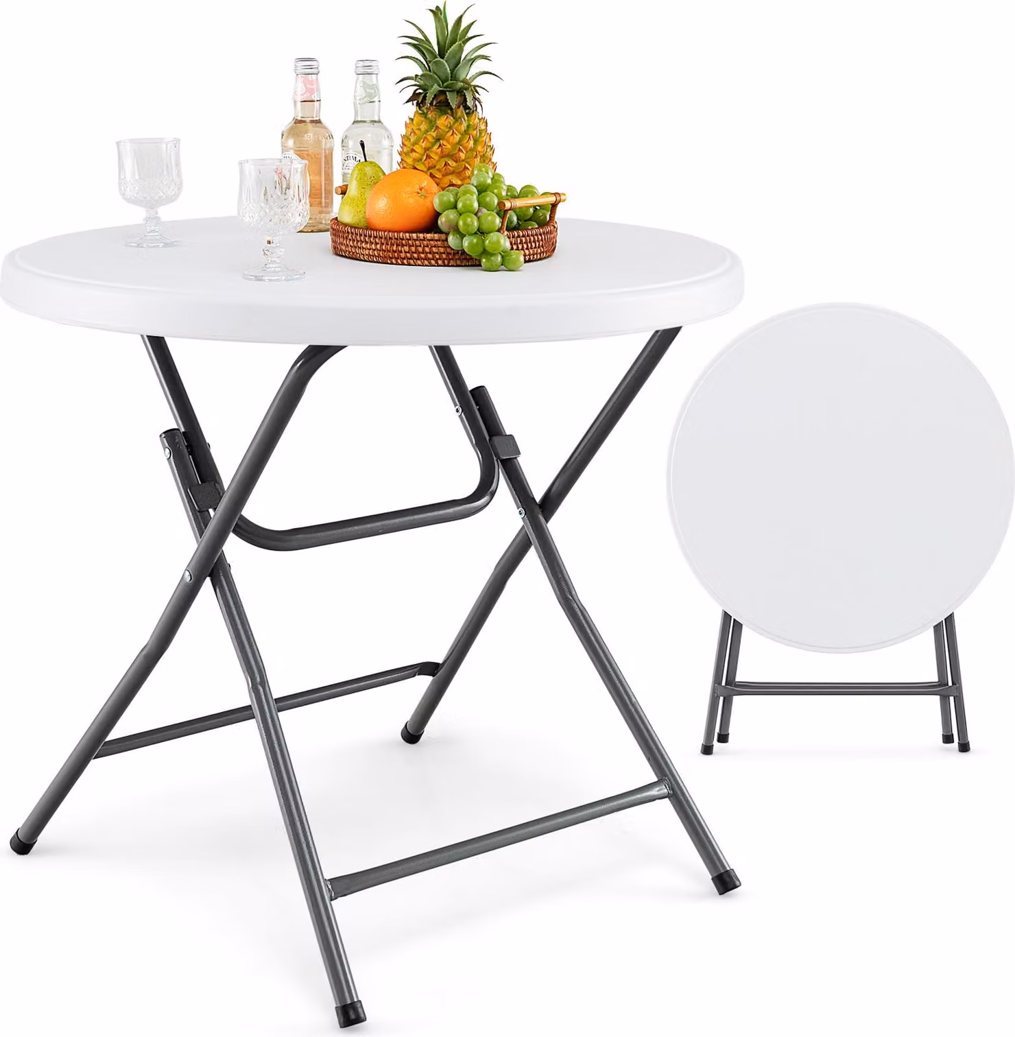 Tavolo pieghevole da giardino COSTWAY, tavolo pieghevole Ø81cm con piano in HDPE, tavolo rotondo da balcone, tavolo da patio per balcone, giardino, terrazza, bianco