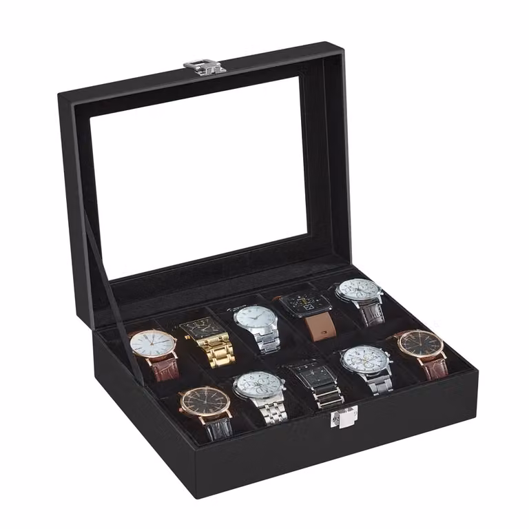 Scatola Portaorologi a 10 Posti, Similpelle Nera + Interno Nero