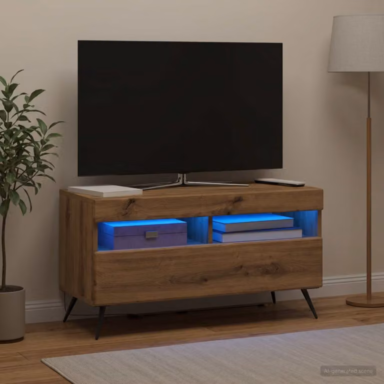 Mobile TV stand vidaXL in legno ingegnerizzato rovere con illuminazione integrata e vani porta media, colore marrone, L: 81 cm, P: 35 cm, H: 43 cm