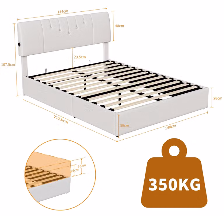 Letto imbottito - Letto matrimoniale 140 x 200 cm - Contenitore a sollevamento idraulico - Retino - Tessuto in peluche tipo "orsetto" - Bianco latte