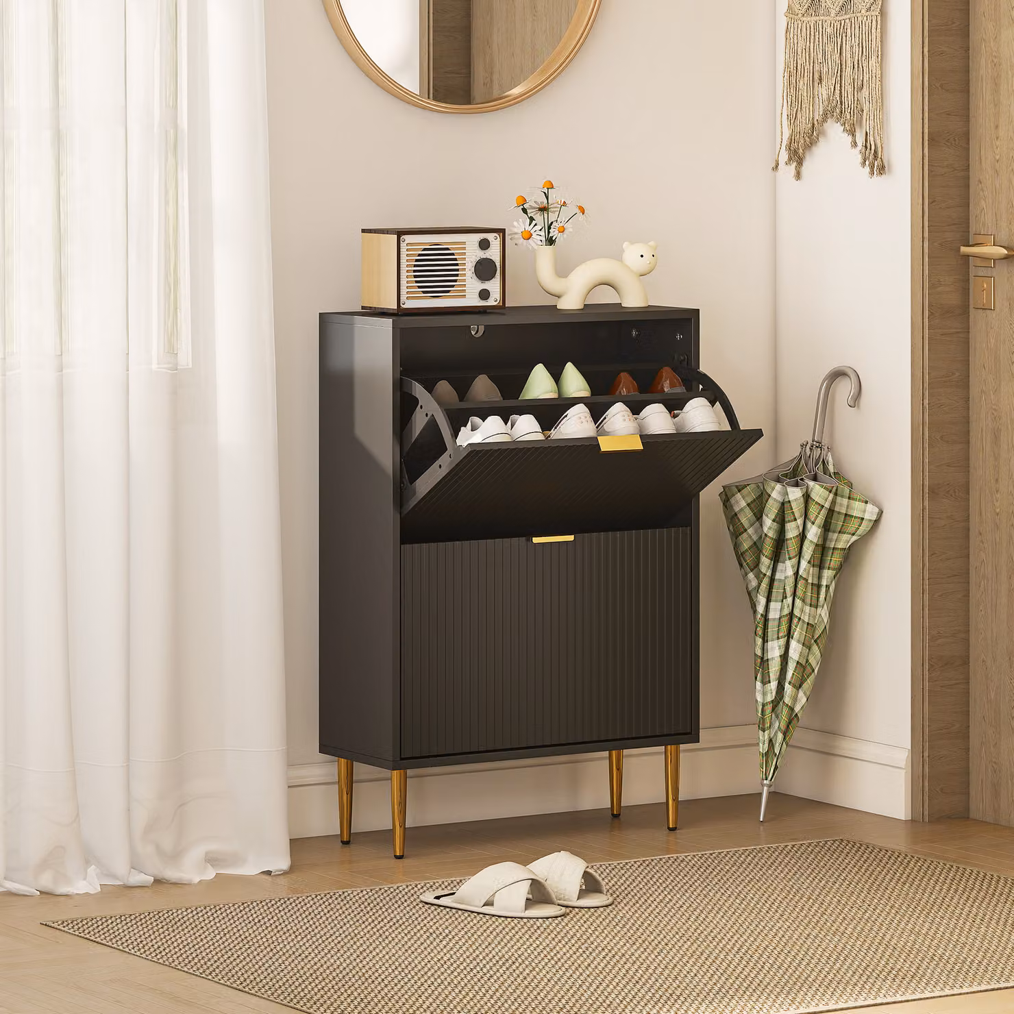 Scarpiera Slim HOMCOM con 2 Cassetti a Ribalta e Ripiani Regolabili, Nero, L: 60 cm, P: 24 cm, H: 91.5 cm – 2