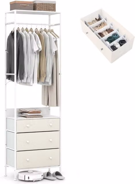 Appendiabiti autoportante con cassetti e asta appendiabiti a 3 posizioni in metallo, armadio per ingresso o camera da letto, Bianco