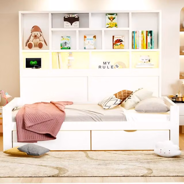 Letto singolo 90x200 cm in MDF bianco con contenitore; LED e prese elettriche