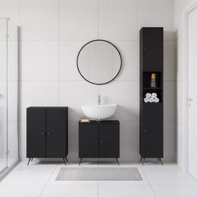 Set di mobili da bagno moderno vidaXL in 3 pezzi nero opaco in MDF – 1