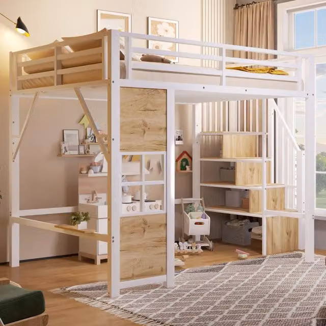 Letto a soppalco WISHDOR per bambini in metallo e MDF bianco con scala contenitore e protezioni laterali L/P/H: 200 x 140 x 150 cm