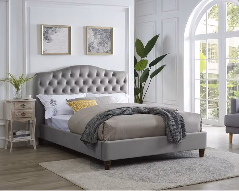 Designer Bett Schlafzimmer Betten Leder Hotel Luxus Polster Samt Grau