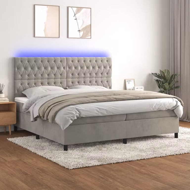 Letto Ibrido con Materasso a Molle Insacchettate e LED vidaXL in Velluto Grigio Chiaro L: 200 cm, P: 200 cm, H: 203 cm