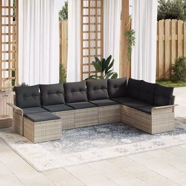 Set da giardino vidaXL composto da 8 pezzi in rattan con struttura in acciaio e cuscini grigi – 1