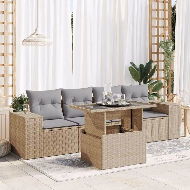 Set Divano da Giardino vidaXL 5 pz a Forma a L in Polyrattan con Cuscini Beige e Tavolino, Design Moderno per Terrazza e Giardino