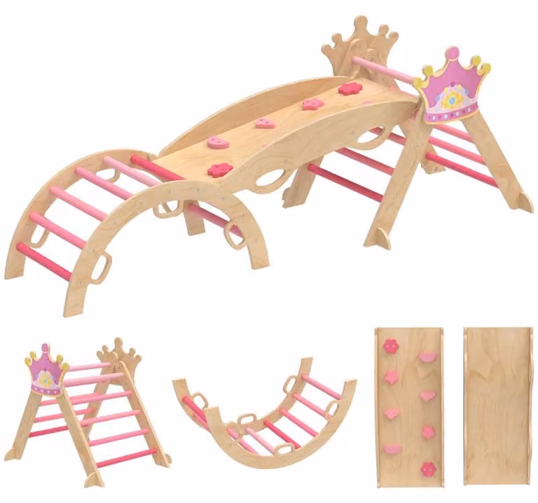 Moonbite, struttura gioco multifunzione 8-in-1 a tema principessa, con design a , triangolo da arrampicata rosa, scivolo, rampa e scala ad arco, per 2 bambini fino a 50 kg, in legno, colore rosa