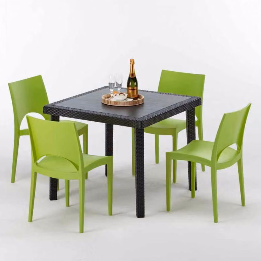 Tavolo quadrato nero e 4 sedie in polipropilene colorato per esterni Grand Soleil Paris Passion - Verde