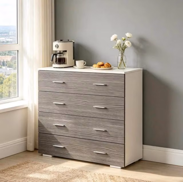 Cassettiera 76x35x72 cm bianca e grigia in truciolare, 4 cassetti