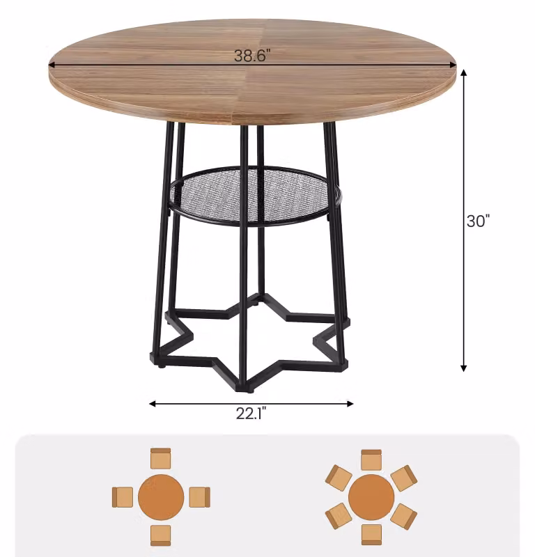 Tavolo rotondo da pranzo, diametro 98 cm - Tavolo da cucina con ripiano inferiore - Salvaspazio, ideale per piccoli ambienti - Piano in legno con struttura in metallo - Ripiano a griglia inferiore - Per 4 persone - Colore kaki
