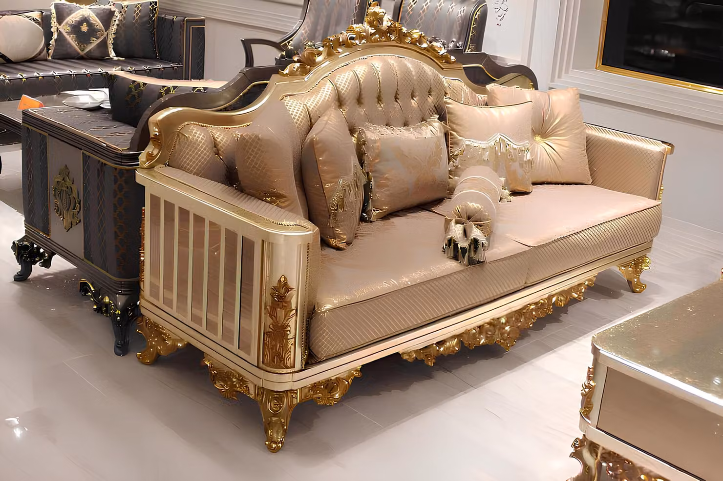 Sofagarnitur 331 Sitzer Textil Komplett Set Sofa Sessel Gruppe Holz Chesterfield