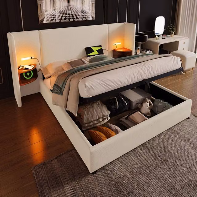 Letto contenitore matrimoniale OKWISH beige con ripiani, lampade da lettura e porte USB e Tipo C, L/P: 160 x 200 cm