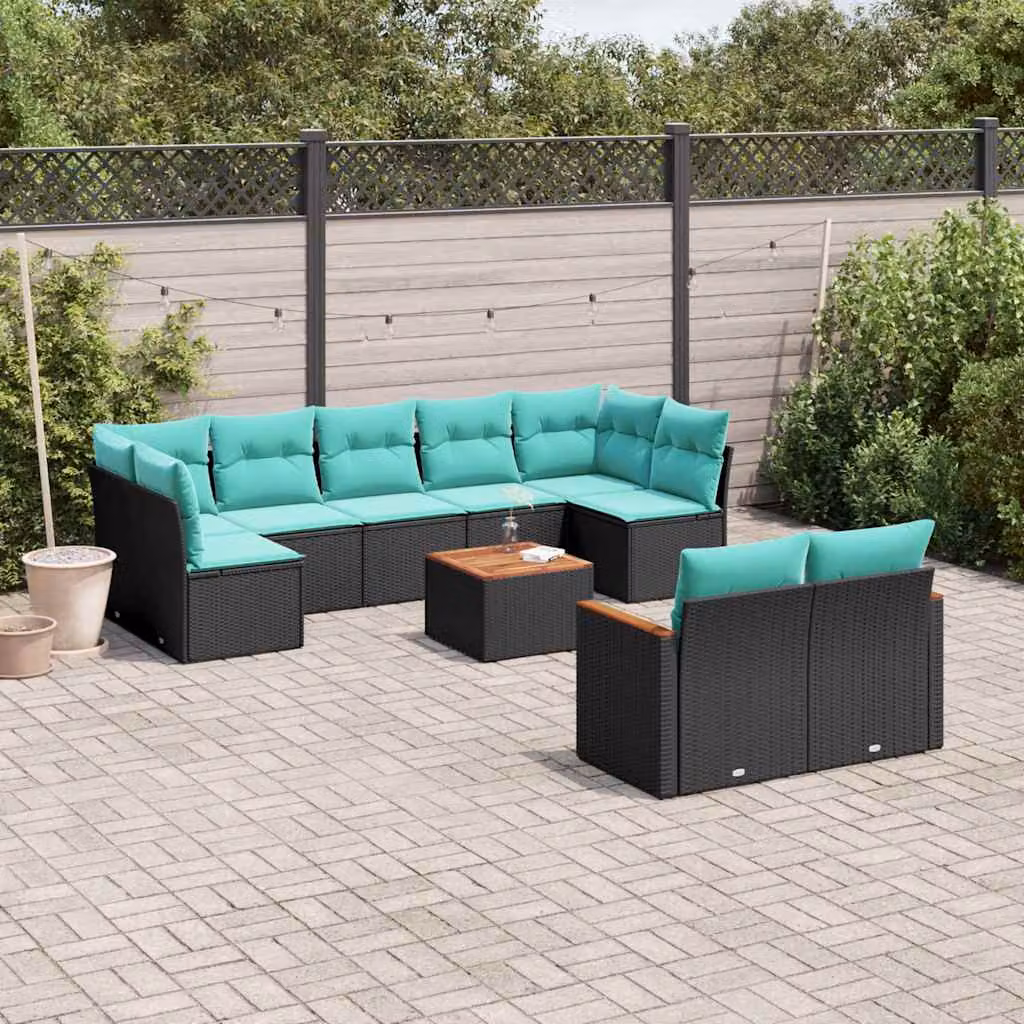 Set da giardino vidaXL in polyrattan nero con cuscini blu a forma di U per esterno