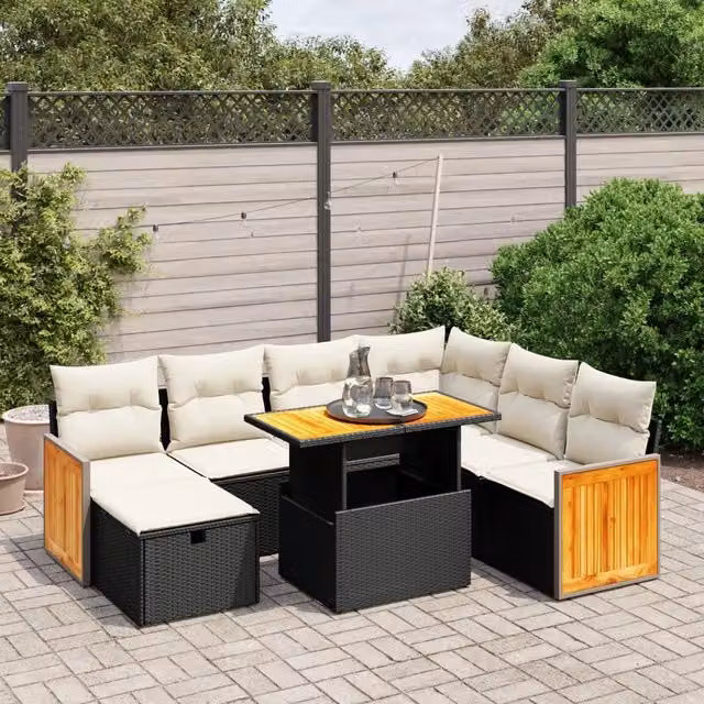 Set da giardino moderno vidaXL composto da 8 pezzi in polyrattan nero con cuscini inclusi e tavolino da esterno