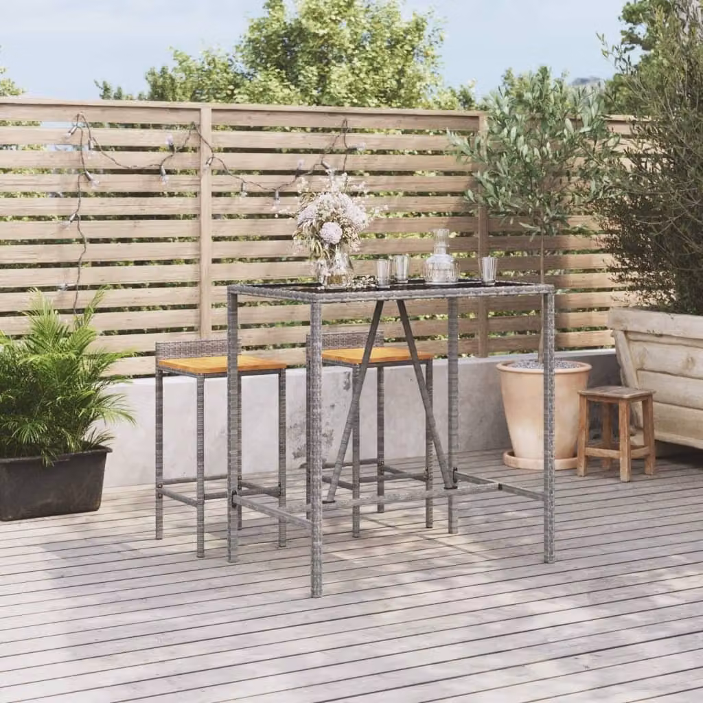 The Living Store Tavolo da bar con piano in vetro grigio 110x70x110 cm in poly rattan