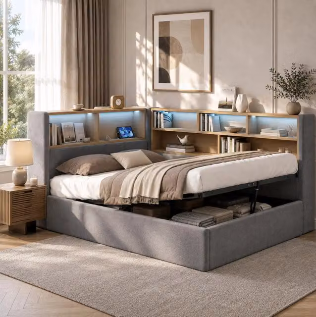 Letto da giorno ULEVR 140x200 cm con contenitore idraulico, LED, USB e Type-C, velluto grigio