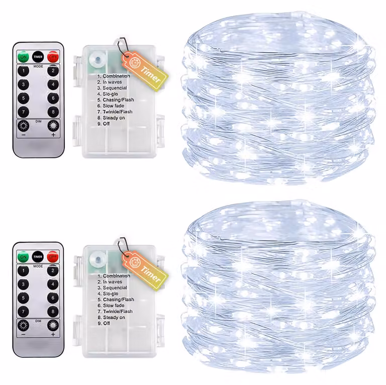 Set di 2 catene luminose da 10 metri, con 100 LED, timer, telecomando e grado di protezione IP65