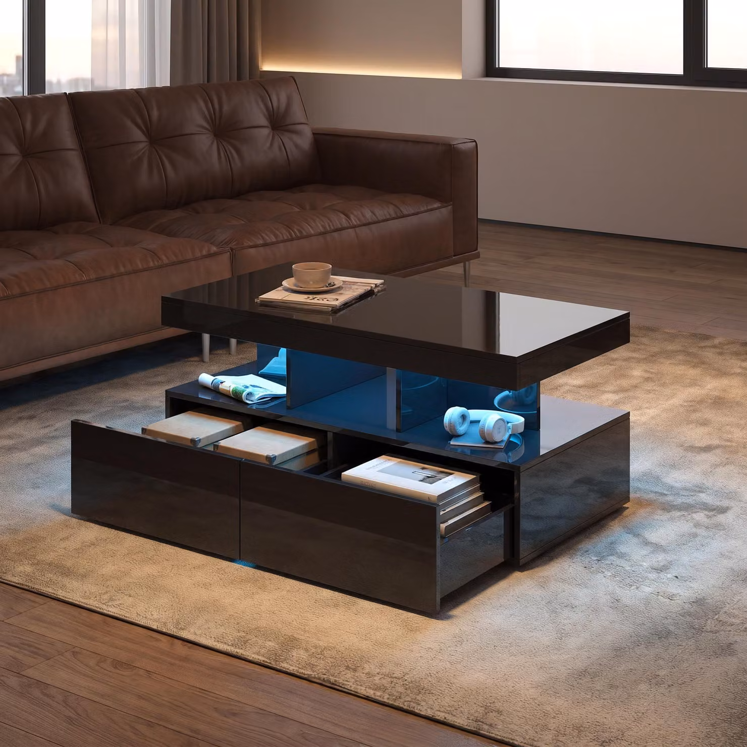 Tavolino da divano INONEFT, tavolino moderno per soggiorno, con illuminazione LED, mobile contenitore con ripiani aperti, tavolino laterale per TV, ideale per soggiorno o ufficio (nero)