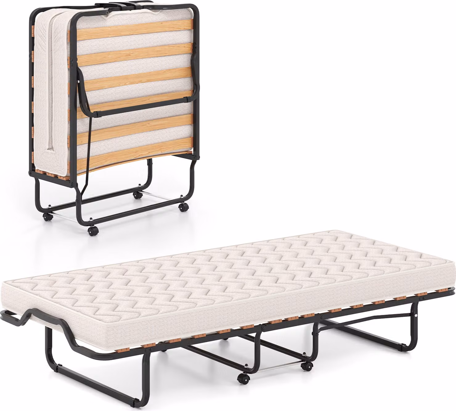 COSTWAY Letto pieghevole per ospiti 90x200 cm, letto pieghevole con materasso in schiuma memory foam, letto in metallo Letto portatile stabile fino a 120 kg su ruote beige