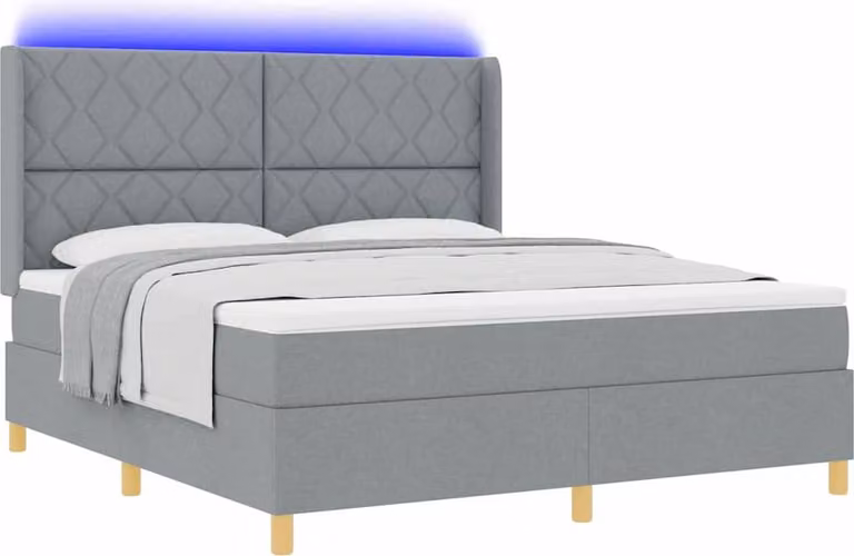 Letto boxspring con strisce luminose a LED, grigio chiaro, 180 x 200 cm, rivestimento in tessuto