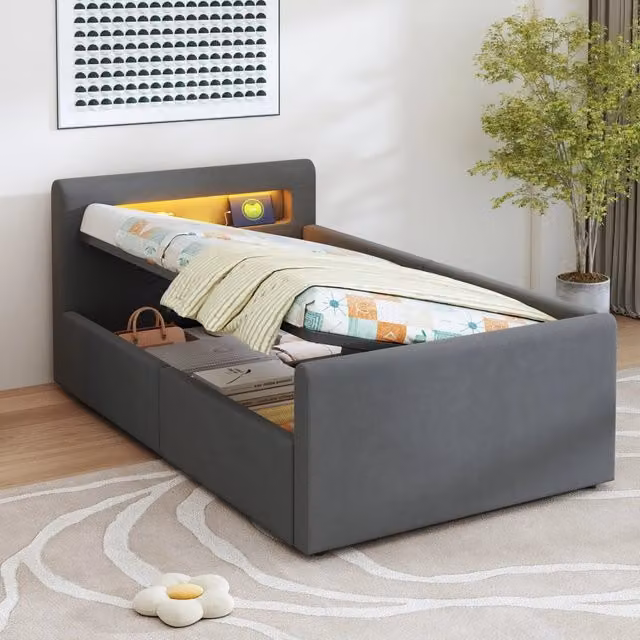 Letto singolo 90x200 con contenitore in velluto grigio scuro e schienale reversibile