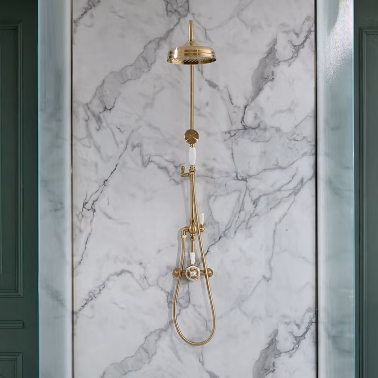 Colonna Doccia Termostatica Tradizionale Oro Satinato 2 Vie - Miscelatore esterno- soffione - Design Classico