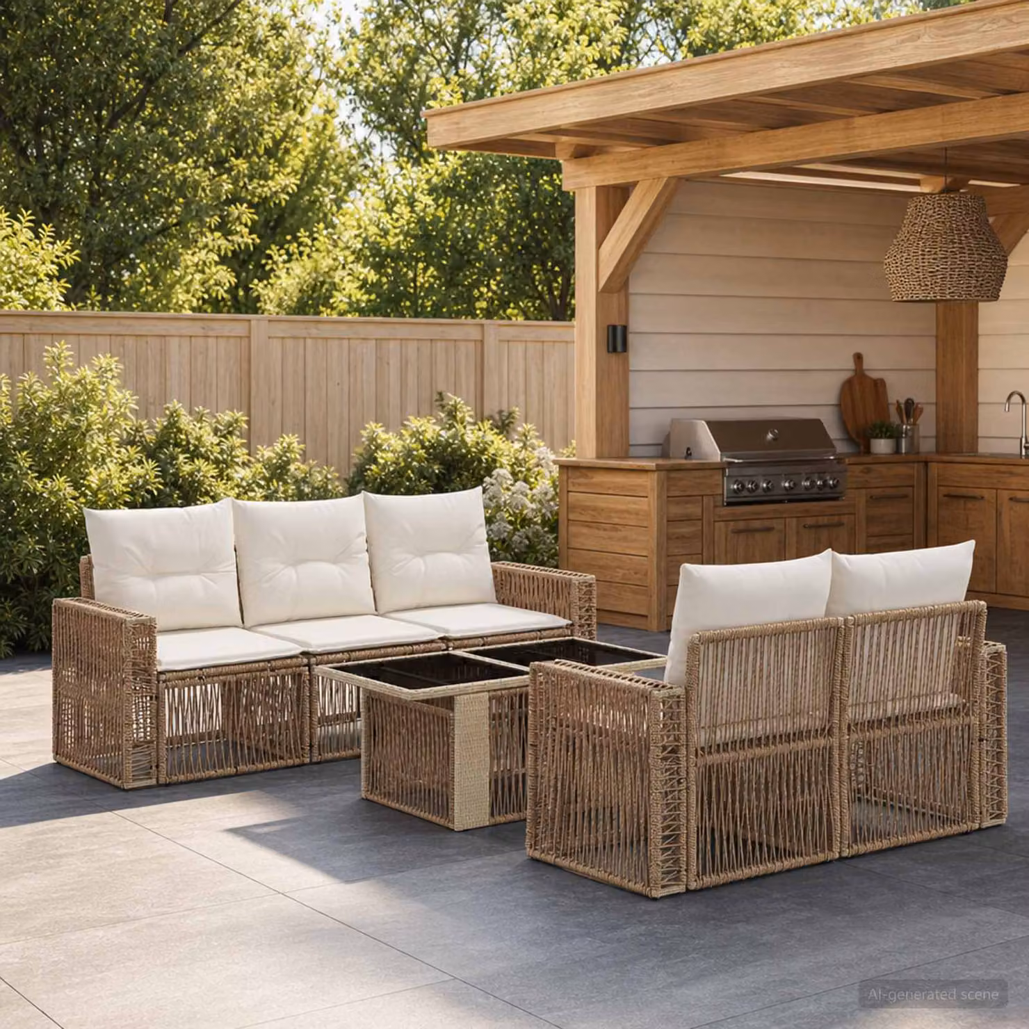Set Divano da Giardino vidaXL in Polyrattan 6 Pezzi con Tavolino e Cuscini Beige e Bianco Crema