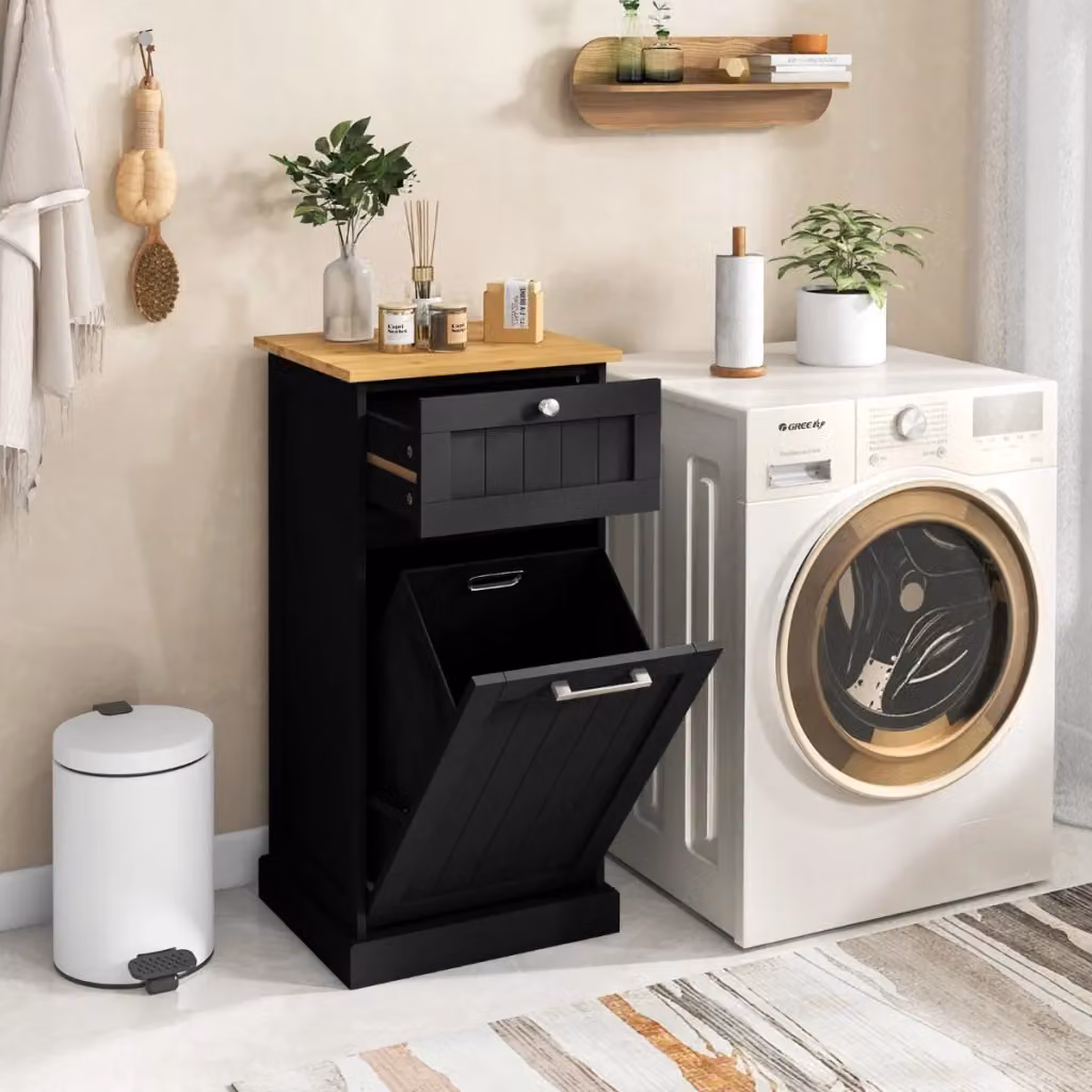 Mobiletto per lavanderia e bagno Design Mania con cesto in bambù e cassetti, Nero, L: 40 cm, P: 37 cm, H: 82 cm – 2