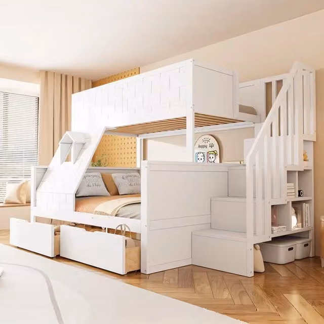 Letto a castello per bambini 90x200 e 140x200 con scala contenitore; cassetti e finestra; bianco
