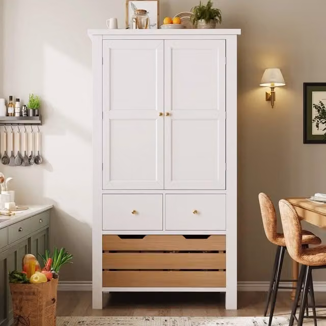 Credenza WISHDOR bianca con ante a battente e cassetti per cucina o soggiorno, L/P/H: 80 x 40 x 140 cm