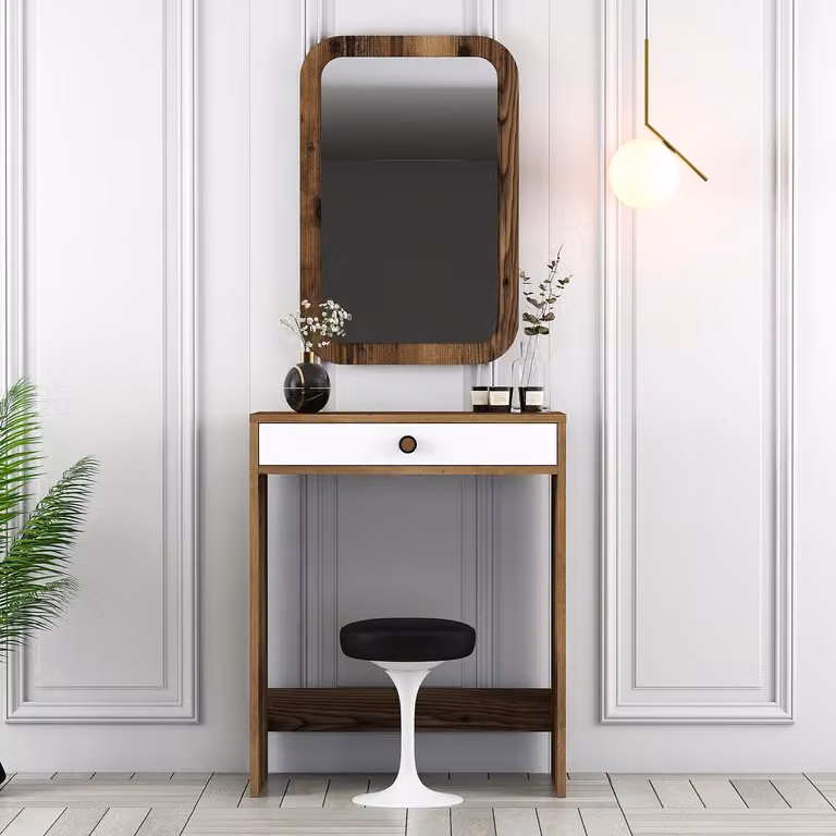 Skye Decor, Lizbon Mirror - Noce, Bianco, Toeletta, Noce, 100% PANNELLI DI PARTICELLE RIVESTITI IN MELAMMINA, 70 x 84,7 x 40 cm
