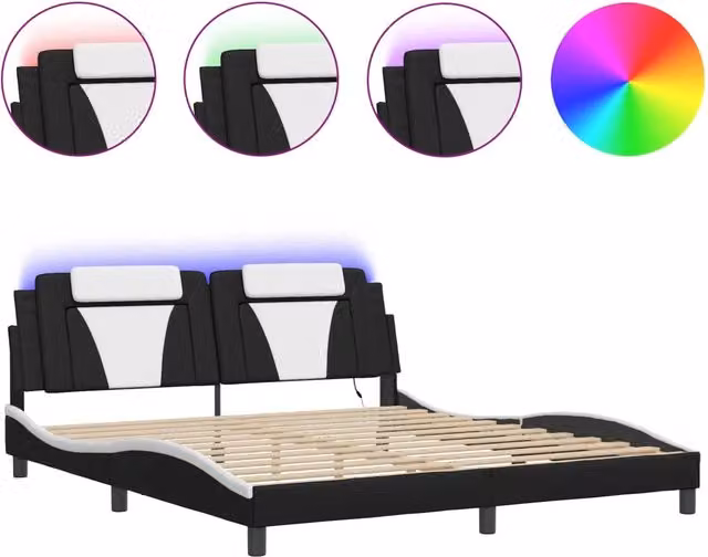 Letto matrimoniale | Letto per adulti | Giroletto Viana con LED senza Materasso Nero e Bianco 180x200 cm