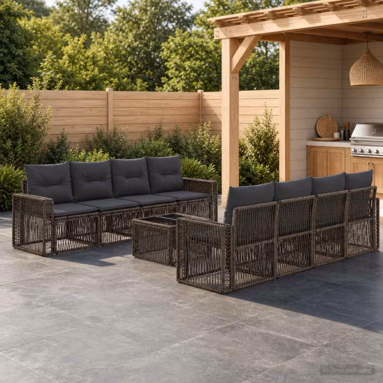Set Divano da Giardino vidaXL 9 Pezzi in Polyrattan Grigio con Cuscini e Tavolino in Vetro
