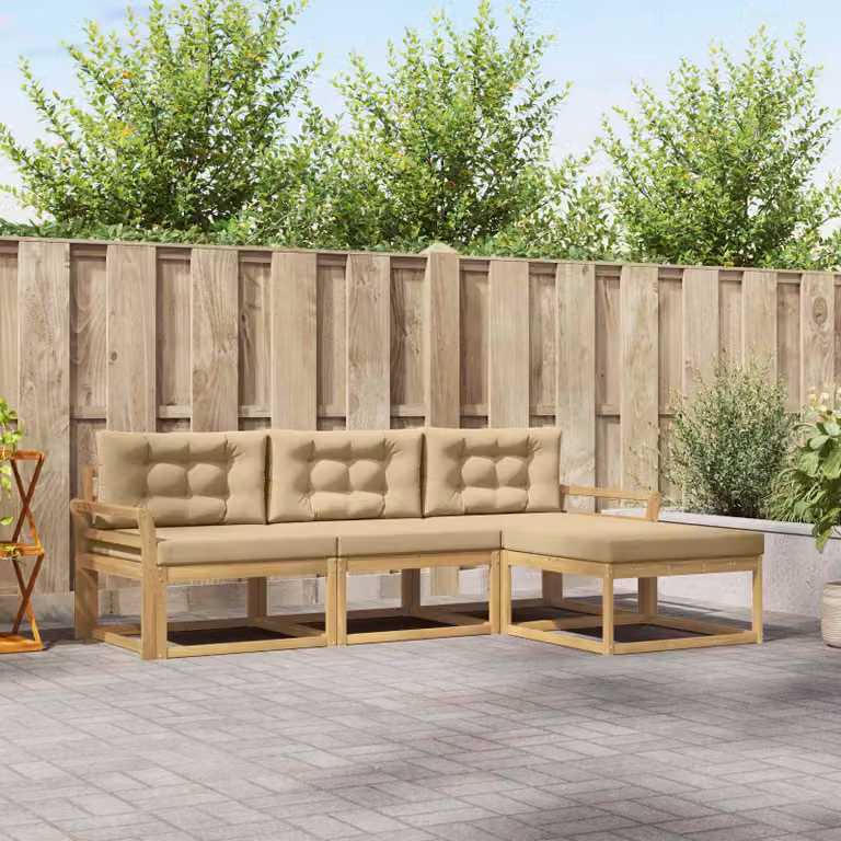 vidaXL Set di divani da esterno a L composto da 4 pezzi in legno di acacia con cuscini, colori bianco, beige e marrone