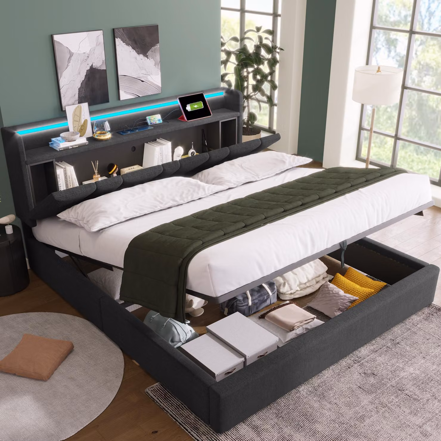 MODFU Letto imbottito 140x190 con contenitore, letto per ragazzi con illuminazione a LED e USB, senza materasso, grigio