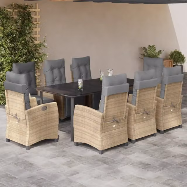 Set da pranzo da giardino vidaXL in polyrattan da 9 pezzi con cuscini beige e piano in vetro