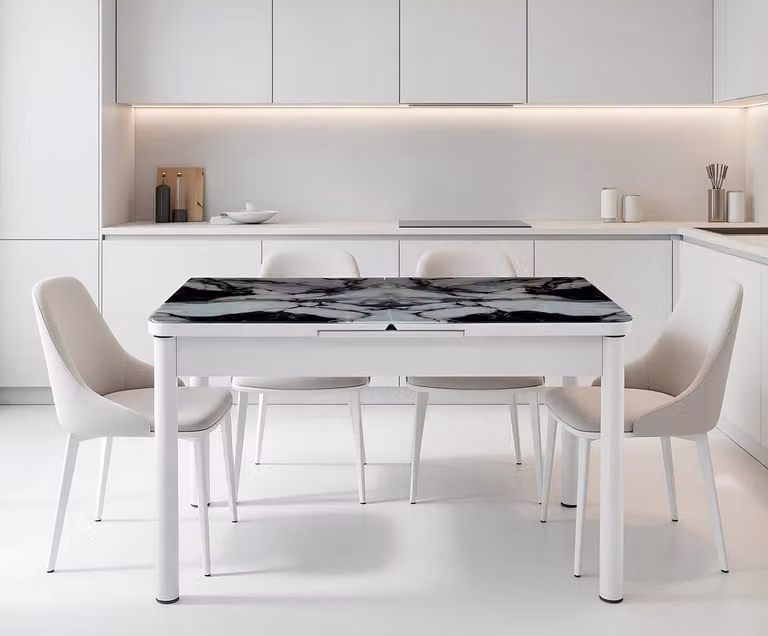 Tavolo da pranzo, colore bianco e grigio, forma rettangolare, confortevole, design moderno, lusso