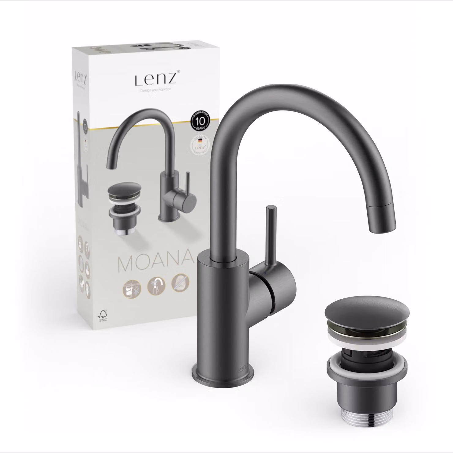 Miscelatore per lavabo Lenz MOANA grafite, miscelatore monocomando con bocca girevole a 360°, valvola pop-up, cartuccia in Vetroceramica, WC ospiti 46012331