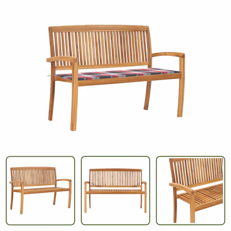 The Living Store Panca da giardino impilabile con cuscino 128,5 cm in teak massiccio