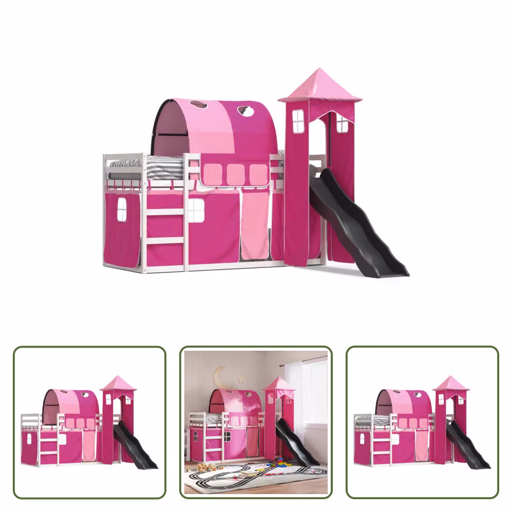 The Living Store Letto a castello con scivolo e tende Rosa 90x200 cm