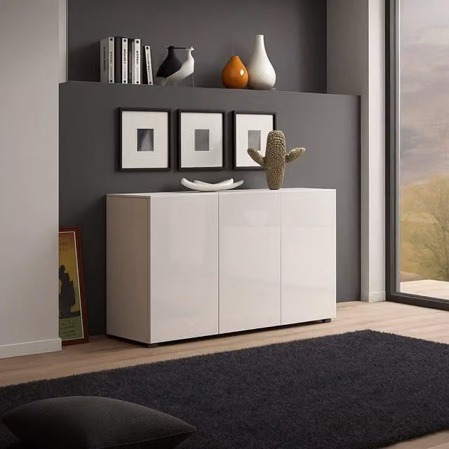Credenza Amelyah, Buffet da soggiorno, Madia da salotto, Dispensa da cucina, Made in Italy, 135x38h79 cm, Bianco lucido