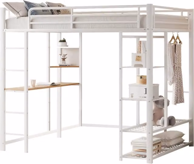 Letto a soppalco singolo 90x200 cm con scrivania; ripiani e appendiabiti; metallo e MDF bianco