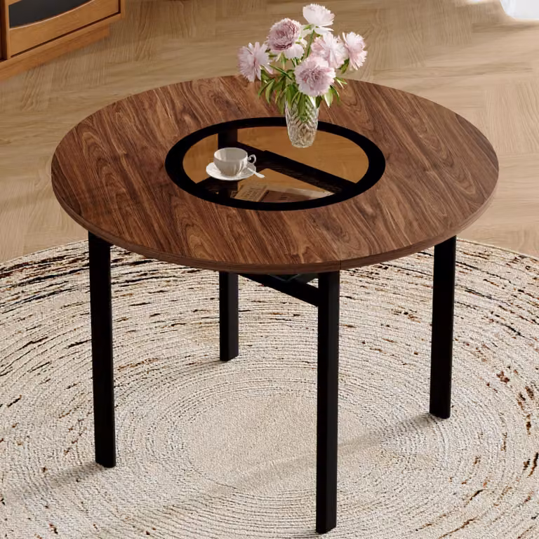 MODFU Tavolo da pranzo rotondo moderno e minimalista, tavolo da salotto, tavolo da cucina, venature del legno nero sul piano del tavolo, per 2-4 persone, marrone