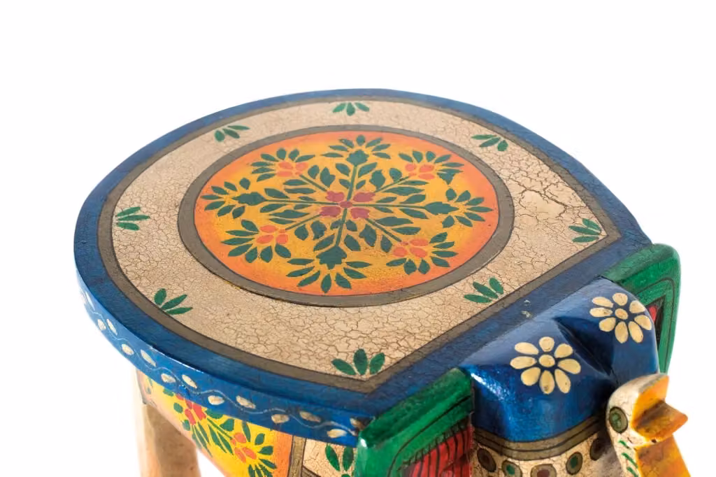 Sgabello etnico in legno di mango multicolore con decorazione floreale dipinta a mano Giner y Colomer – 2