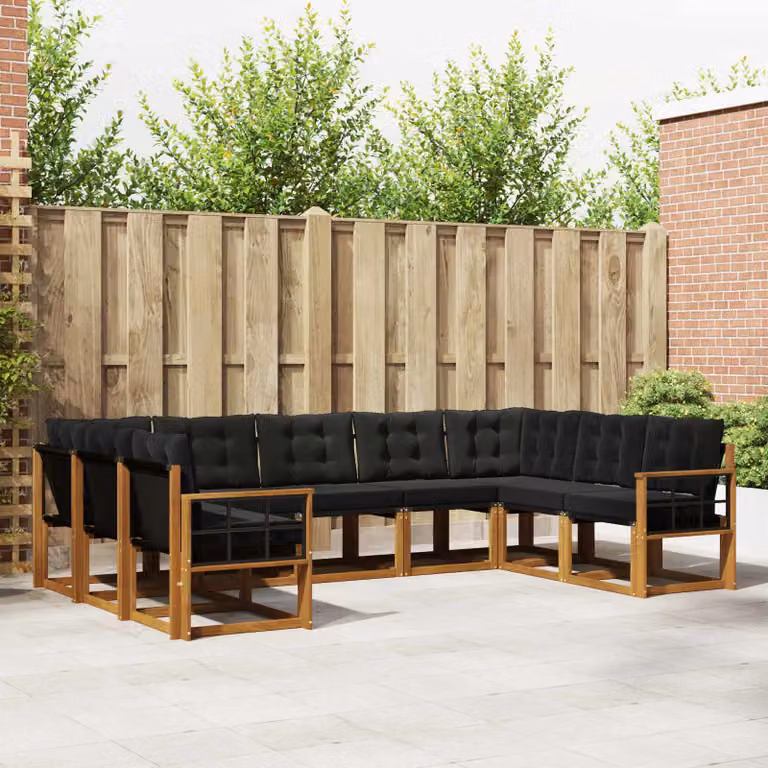 Set di divani da esterno vidaXL a forma di U composto da 9 pezzi in legno di acacia con cuscini in tessuto textilene, colore marrone e nero